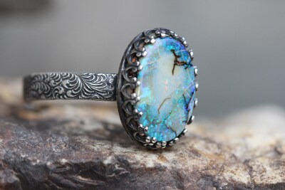 Opal Ring * Solid Sterling Silver Ring* Peacock Swirl Band * Monarch Opal *  Any Size - image4